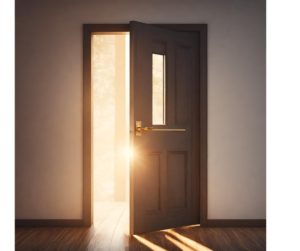 An open door bathed in warm, inviting light, symbolizing opportunity, hope, and the bright possibilities that lie ahead when one chooses to step through and embrace change.