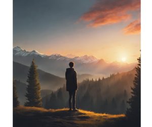 A person standing at the edge of a forest looking out towards a sunrise over the mountains, symbolizing new beginnings.