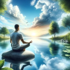 Alt Text: A serene depiction of mindfulness and living in the present, featuring an individual sitting cross-legged on a rock by a still lake, eyes closed in peaceful meditation. The calm water reflects the sky, symbolizing clarity and self-reflection, while the surrounding nature bursts with life, illustrating the beauty of the current moment