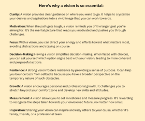 An infographic detailing the importance of having a life vision, highlighting key points such as clarity, motivation, focus, decision-making, resilience, growth, measurement, and inspiration, each accompanied by symbolic icons and a cohesive color scheme to aid in visual learning and retention.