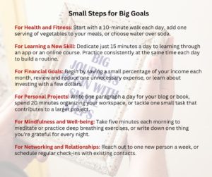 An infographic displaying practical examples of small steps people can take towards achieving big goals in various aspects of life, such as health and fitness, learning new skills, financial planning, personal projects, mindfulness, and building relationships.