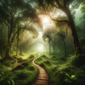 A serene winding path cuts through a lush, verdant forest, inviting a sense of adventure and symbolizing the meandering journey of life.