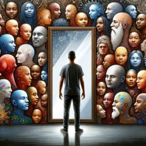 A reflective image of an individual facing a mirror that displays a mosaic of diverse faces, symbolizing the reflective nature of community and its multifaceted influence on personal identity.