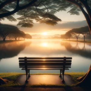 park bench, surrounded by the tranquility of nature, embodying a moment of peaceful reflection in a world that's always in motion. Embracing Each Step the Beauty of the Journey