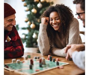 Digital Detox for Holiday Stress Relief: Friends happily setting aside their smartphone to enjoy quality time with loved ones, playing board games during the holiday season.