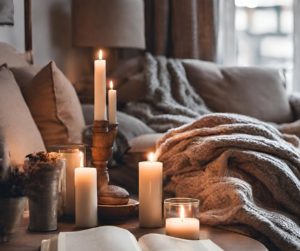 A serene holiday reading nook with a comfortable couch, a stack of books, a warm blanket, and plush pillows. This cozy space invites relaxation and well-being during the holiday season