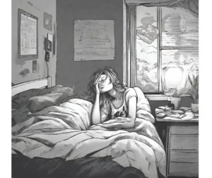 Cartoon image of a woman sitting up in bed with her hand on her forehead, eyes wide open, depicting the struggle of sleeplessness. Her disheveled hair and the moonlight streaming through the window suggest a long night of trying to find rest.