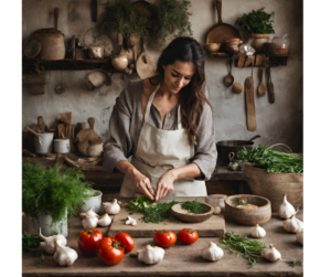 Woman joyfully cooking in the kitchen, highlighting the therapeutic nature of cooking in midlife.