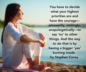 Inspirational quote by Stephen Covey overlaying an image of a woman sitting peacefully, emphasizing the importance of saying 'no' for personal well-being and Master Emotional Control