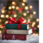 A stack of books with colorful holiday covers and red ribbons, set against a Christmas tree with twinkling lights.