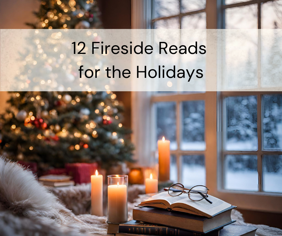 A cozy living room decorated for the holidays with a pile of books in the foreground, surrounded by festive decorations and a warmly lit fireplace.