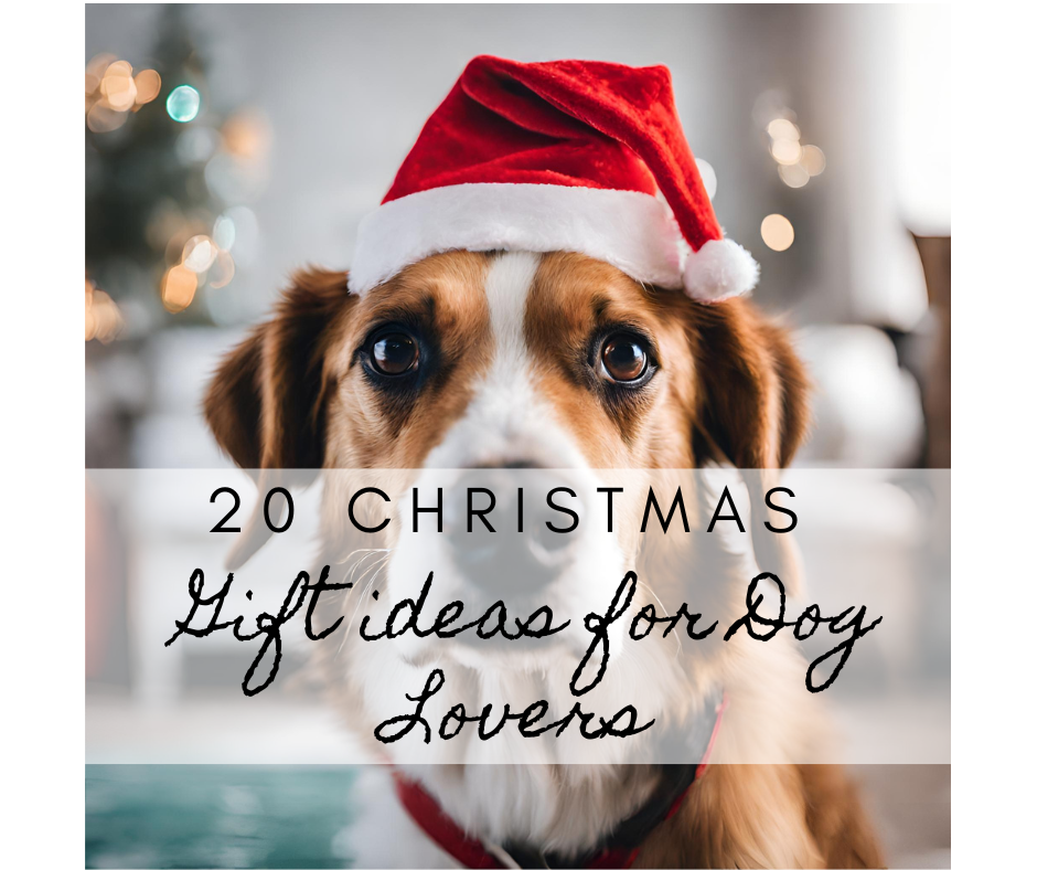 Dog in a Santa hat sitting among Christmas decorations, the perfect muse for Christmas gifts for dog lovers.