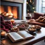 A serene winter scene by a cozy fireplace, where a person sits in a comfortable chair, indulging in healthy snacks while wrapped in a warm blanket. The soft glow of the fire creates a soothing atmosphere, inviting relaxation and mindful eating during the holiday season.