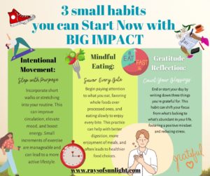 Infographic on Health & Happiness: The header reads '3 Key Daily Habits for Health & Happiness', followed by three sections. 'Move More' shows an icon of a person walking with a fitness tracker against a light blue background, promoting regular physical activity. 'Eat Mindfully' is illustrated with icons of healthy food and a mindfulness bell on a green backdrop, advocating for conscious eating habits. 'Practice Gratitude' features an image of a journal with 'Thank You' inscribed, on a yellow background, encouraging daily reflections on gratitude. Each section includes simple, actionable advice for integrating these habits into everyday life.