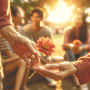 Ripple of Kindness: An image capturing a heartwarming moment as one person smiles while giving a flower to another, set against a gentle backdrop of a community park, symbolizing the joy and connectivity that daily acts of kindness can foster