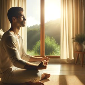 Mindful Tranquility: An image of an individual practicing deep breathing in a serene, sunlight-kissed room, reflecting a state of calm and mindfulness, with a backdrop that invites positivity and a centered start to the day.