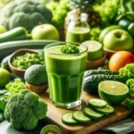 Green Smoothie Goodness: A clear glass overflows with a fresh green smoothie, encircled by a variety of lush green vegetables and fruits on a sunlit kitchen counter, highlighting the delicious simplicity of adding more nutrients to your diet.