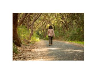 A woman walking along a scenic path, embodying mindfulness as she immerses herself in the tranquility of her surroundings, symbolizing a journey towards wellness in 'The Power of Mindfulness' article.