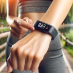 Active Lifestyle Companion: A fitness tracker on a person's wrist displays the step count, set against the backdrop of a park's jogging path, symbolizing the goal of staying active and monitoring daily movement for long-term health.