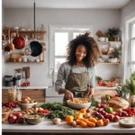 A woman in a bright and welcoming kitchen, passionately preparing a delicious and nutritious meal. Her focus and expertise shine as she carefully selects fresh ingredients, emphasizing the importance of wholesome and balanced cooking in promoting health and wellness during the holidays.