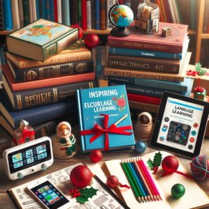  ChatGPT Educational and inspiring gifts on a desk, including books, a globe, a DIY kit, and art supplies, with festive holiday decorations for a touch of cheer.