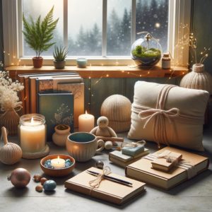 A peaceful setting with mindfulness gifts: a meditation cushion, journals, candles, a Zen garden, and self-help books, adorned with subtle holiday decorations.