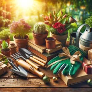  ChatGPT A festive display of gardening gifts including tools, potted plants, seeds, and gloves on a wooden surface with a backdrop of lush greenery and holiday accents.