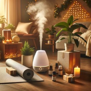 A home wellness ensemble with a diffuser, essential oils, yoga mat, indoor plant, and sound machine in a serene setting, accented with holiday decorations.