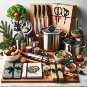  ChatGPT A kitchen scene with healthy gourmet gifts, including stainless steel pots, sharp knives, organic spices, a salad spinner, and a cookbook, enhanced by holiday decor.