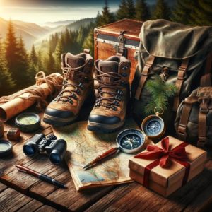 Outdoor adventure gear on a rustic surface, including hiking boots, a compass, maps, binoculars, and a backpack, with festive touches like holly or a ribbon.