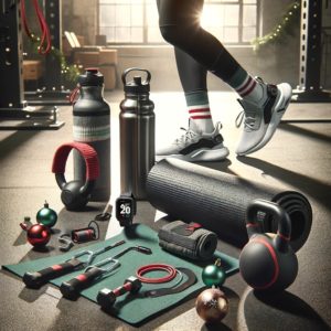  ChatGPT Dynamic fitness gear display for a gift guide, with workout essentials like a yoga mat, kettlebells, resistance bands, hydration bottle, and smartwatch, accented by festive holiday elements.