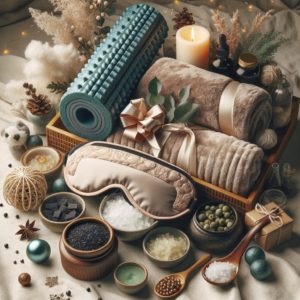  ChatGPT A tranquil composition featuring recovery and relaxation gifts, including a foam roller, acupressure mat, silk sleep mask, bath salts, herbal teas, and a plush robe, with soft holiday decor accents.