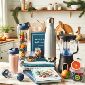 An array of health-focused gifts on a kitchen counter, including an insulated water bottle, meal prep containers, a blender, a nutrition cookbook, and a fruit infuser, with subtle holiday decorations 