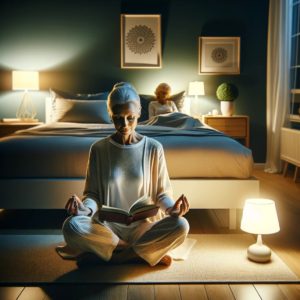 A-serene-bedroom-setting-at-night-showing-a-person-in-their-50s-practicing-a-calming-bedtime-routine.-They-are-comfortably-seated-with-a-book-in-hand the power of releasing stress for good sleep to Boost Your Energy.