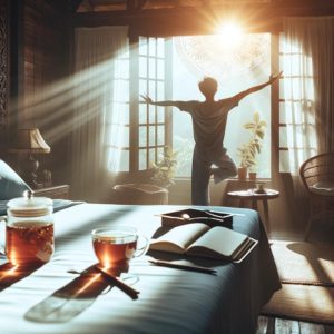 Early morning light streams through a window, illuminating a peaceful bedroom where a person in their mid-50s is stretching with arms reaching upward. A bedside table hosts an open journal and a steaming cup of herbal tea, evoking a sense of serenity and self-care. The image encapsulates a moment of tranquility and the intentionality of a mindful morning routine.