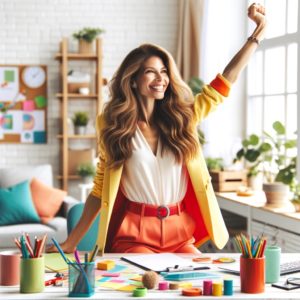 A-woman-in-her-early-at-her-desk-in-a-home-office-exuding-a-bright-and-energetic-demeanor.-Shes-dressed-in-a-colorful-smart-casual-outfit-to Boost Your Energy.