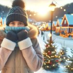 A warmly dressed individual takes a brisk walk in a wintry scene, surrounded by a blanket of snow and the sparkle of holiday lights among the trees, evoking the holiday spirit while staying active.