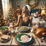 Cozy Christmas scene with a health-conscious dining table set for a festive meal, including a balanced plate with lean meats, whole grains, and vegetables, with a family enjoying an active holiday walk in the background, and a woman drinking water to stay hydrated.