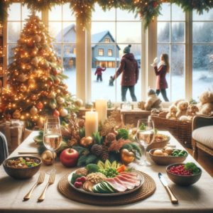 An elegant Christmas dining room scene, with the table set to promote a healthy lifestyle amidst festive decor. A variety of nutritious dishes are tastefully arranged, embodying a spirit of wellness. The background features a Christmas tree adorned with eco-friendly ornaments, emitting a gentle twinkle from its lights. The room exudes a cozy, cheerful atmosphere, enhanced by the soft illumination from a fireplace and candles, creating an inviting space for guests to enjoy a health-conscious holiday gathering.