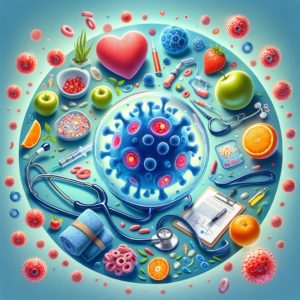 Image for an article on immune health, focusing on the science aspect. The visual features microscopic views of immune cells, combined with elements representing the medical and practical aspects of immune health. It includes imagery like a stethoscope and healthy lifestyle elements such as fruits and exercise equipment, blending scientific imagery with everyday health practices.