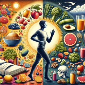 Collage representing a healthy lifestyle, featuring various aspects of health and wellness. One section shows a person engaging in exercise, another displays a variety of immune-boosting foods like fruits and vegetables, and a final part illustrates the concept of getting adequate sleep. The image conveys a holistic approach to health, emphasizing the importance of physical activity, a nutritious diet, and rest for overall well-being.