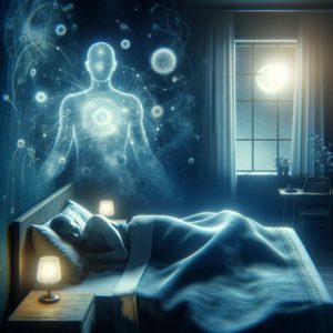 An image showcasing the importance of sleep for immune health. It features a peaceful scene with a figure sleeping soundly in a comfortable, serene bedroom setting. The atmosphere is tranquil and restful, highlighted by soft lighting and calming colors, with a glimpse of a night sky through a window. This visual subtly conveys the restorative power of sleep in maintaining a healthy immune system