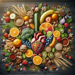 Image showcasing the connection between nutrition and immunity, featuring a variety of nutritious foods like fruits, vegetables, nuts, and whole grains. The arrangement emphasizes a balanced and varied diet, with vibrant colors and a sense of abundance, symbolizing the health benefits and vitality associated with good nutrition for immune health.