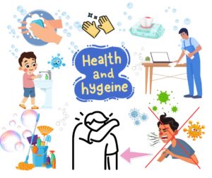 Image showing key hygiene practices for immune health: a person washing hands, another cleaning surfaces, and a third practicing respiratory hygiene by covering their mouth with an elbow while sneezing.