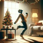 Image illustrating the concept of stress relief through physical activity, depicting an individual joyfully dancing alone in their living room. The person is captured in a moment of carefree movement, surrounded by a cozy home setting that suggests a spontaneous burst of dance as a way to release stress.