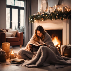 A cozy holiday reading nook with a woman curled up by a fireplace, reading a book, surrounded by Christmas decorations.