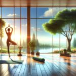 Image of a serene yoga session taking place in a tranquil, open space filled with natural light from large windows that offer a view of the outdoors. Participants are seen in various yoga poses, exuding a sense of peace and connection with nature.