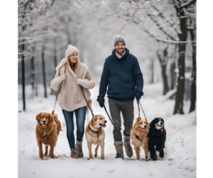 Owners walking their dogs through a snowy landscape, a magical scene for content about Christmas gifts for dog lovers.