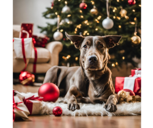 Dog amidst festive decorations, capturing the spirit of Christmas gifts for dog lovers.