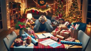 Photo of a person appearing stressed during the holiday season, looking overwhelmed amidst holiday decorations, with a furrowed brow and a tired expression, possibly surrounded by unwrapped gifts, a long to-do list, and festive lights that add to the chaotic atmosphere